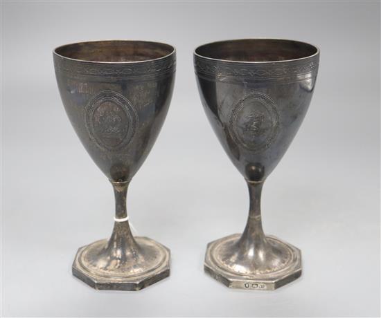 A pair of George III silver goblets on octagonal foot, Benjamin Montague?, London, 1787, 16.5cm, 13.5oz.